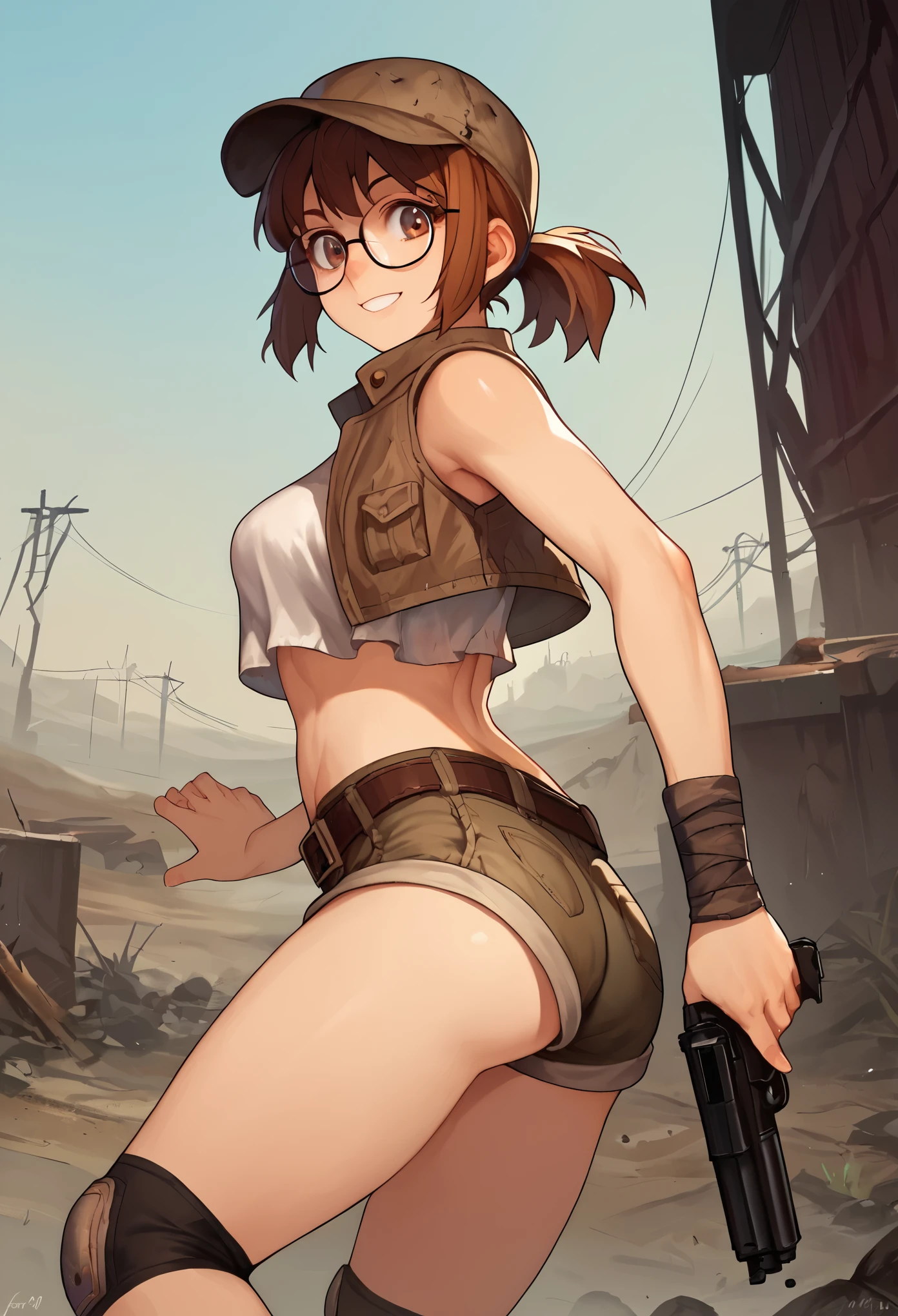 score_9, score_8_up, score_7_up, source_anime, fiogermi,1girl,fio germi, brown hair, glasses, medium hair, ponytail, brown eyes, crop top, hat, jacket, knee pads, shorts, sleeveless, navel, belt, outdoors, wasteland, gun, weapon, holding gun, smile,ass,looking at viewer, cowboy shot,dynamic pose, dutch angle, solo,behind view