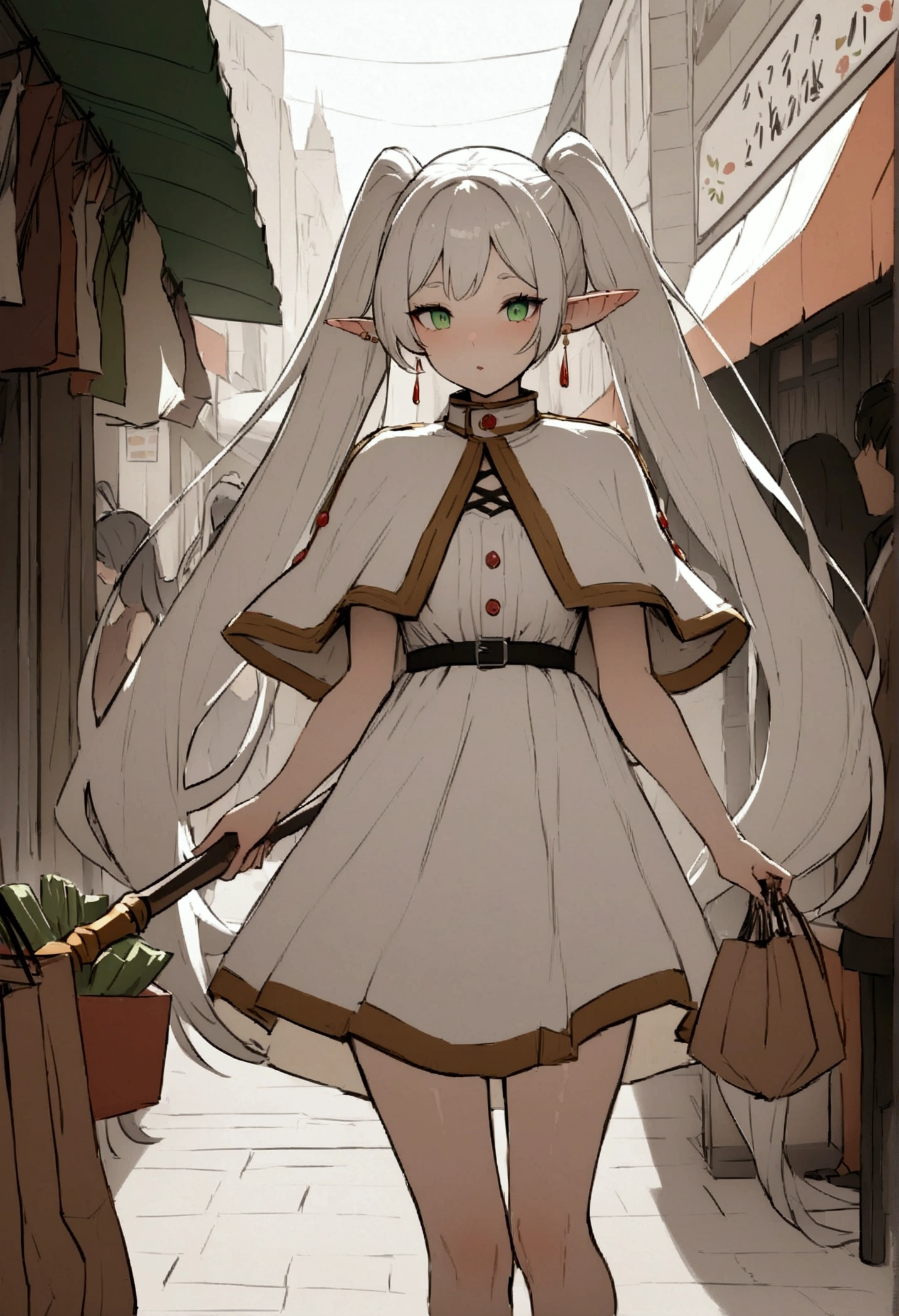 NSFW,masterpiece,Highest quality,High resolution,Very detailed,Frielen\(葬送のFrielen\),Pointed Ears, Green Eyes, Twin tails, staff, very long hair of white color,, Earrings,dress,Capelet,Shopping Street,street vendors,shopping