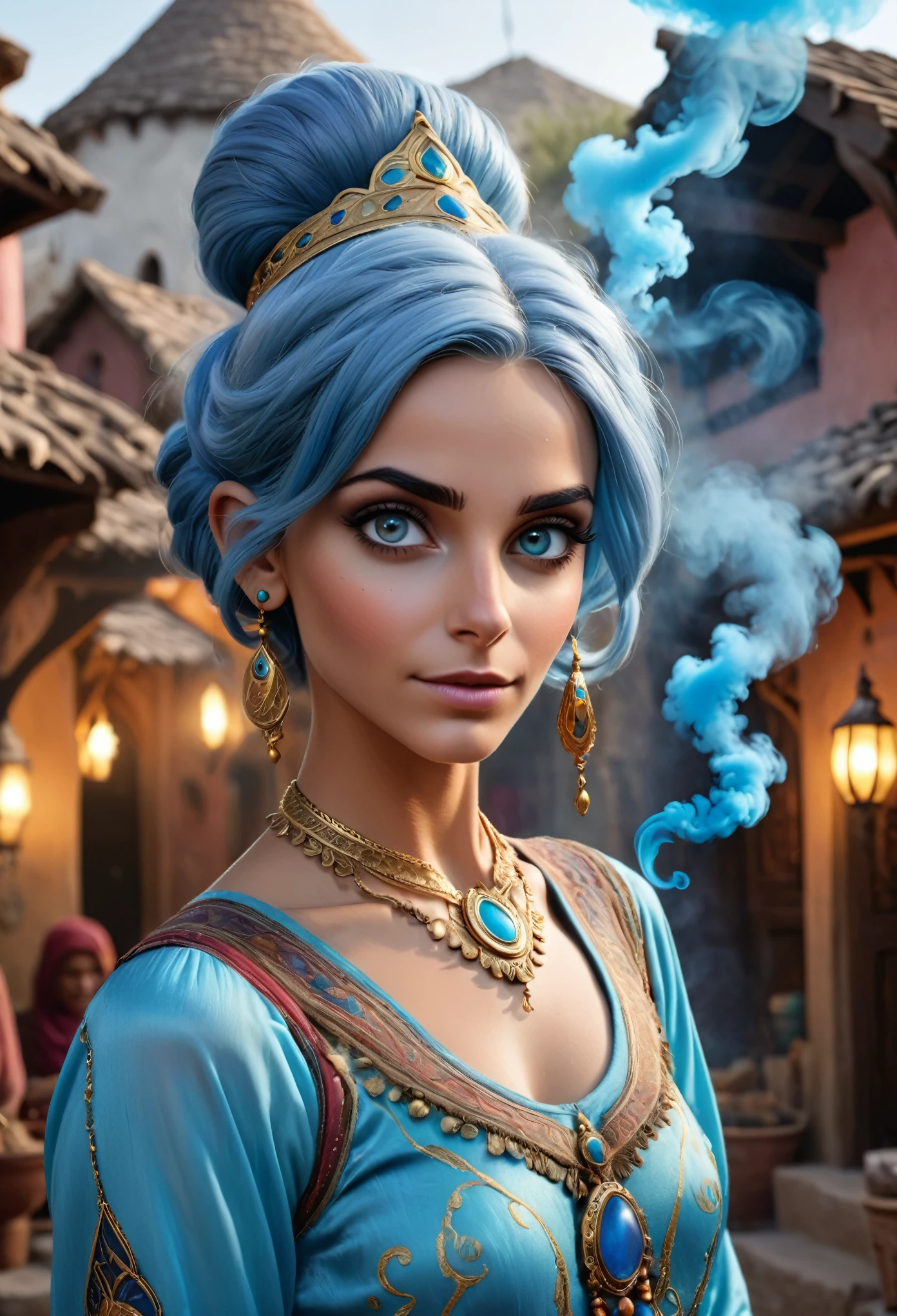 realistic, analog photo, Masterpiece, RAW photo, middle shot, photorealistic, (detailed cute face), genie, (folkloric Arabic creature), (in "Aladdin" style), (cute female, looks like Rachel Cook), short blue hair, blue skin, detailed Arabic village on background, (ghost blue smoke body), smoke particles, halo, (bioluminescent:0.95), vivid colors, vibrant color details, dynamic, Intensed eyes, sexy, pleasure, smoke splash, wishmaster, depth of field, 35mm, film grain, raw photo, isometric, extremely detailed