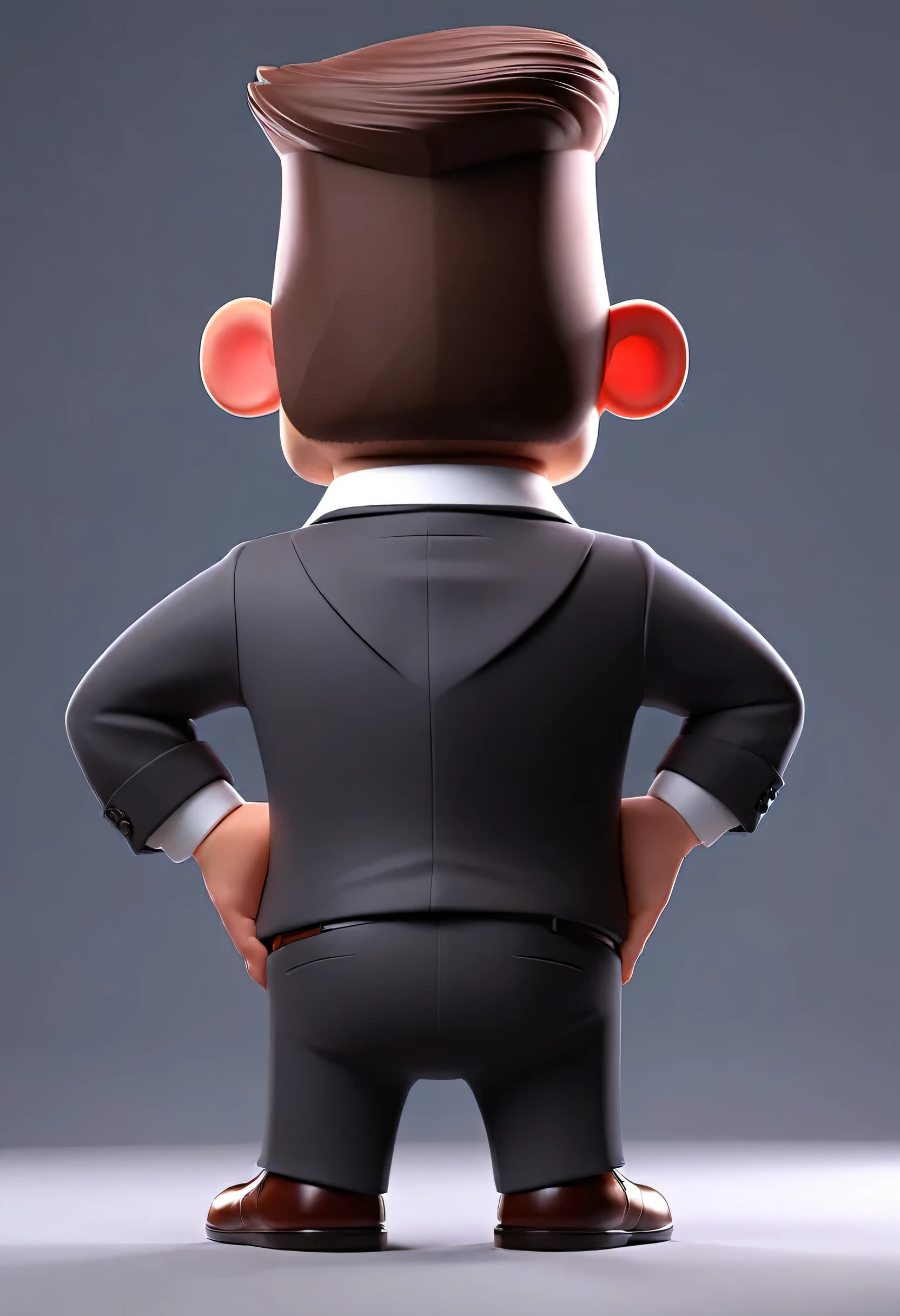 3d character turned around with hands on hips, looking away, showing their back to the camera, dressed in a suit