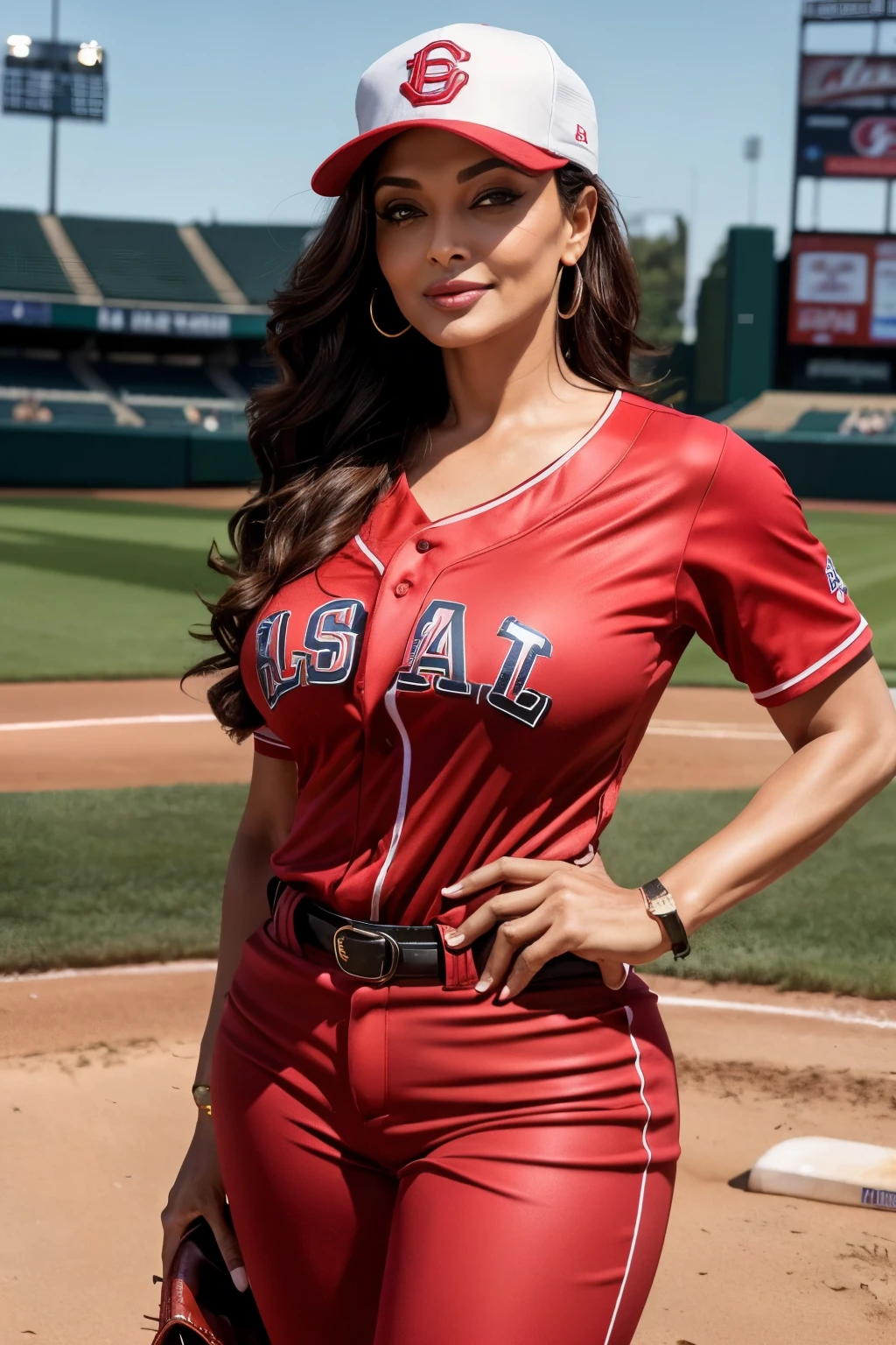 50YO MATURE MILF AISHWARYA RAI, age 50 MILF, wavy hair in the wind. she's a men magazine model, She has a subtle smile and flirts with the camera, (she wears a RED baseball uniform with full length pants and reverse baseball cap:1.2), (she is a pitcher standing on the pitchers mound:1.3), background baseball stadium, large crowd, sundown lighting, perfect eyes, perfect hands, perfect MATURE MILF body, perfect hair, perfect breasts, perfect hourglass figure, hair behind ear, UHD, retina, masterpiece, accurate, anatomically correct, textured skin, super detail, high details, high quality, award winning, best quality, highres, 16k, 8k, (full bodyshot:1.1), (full length photo:1.15),