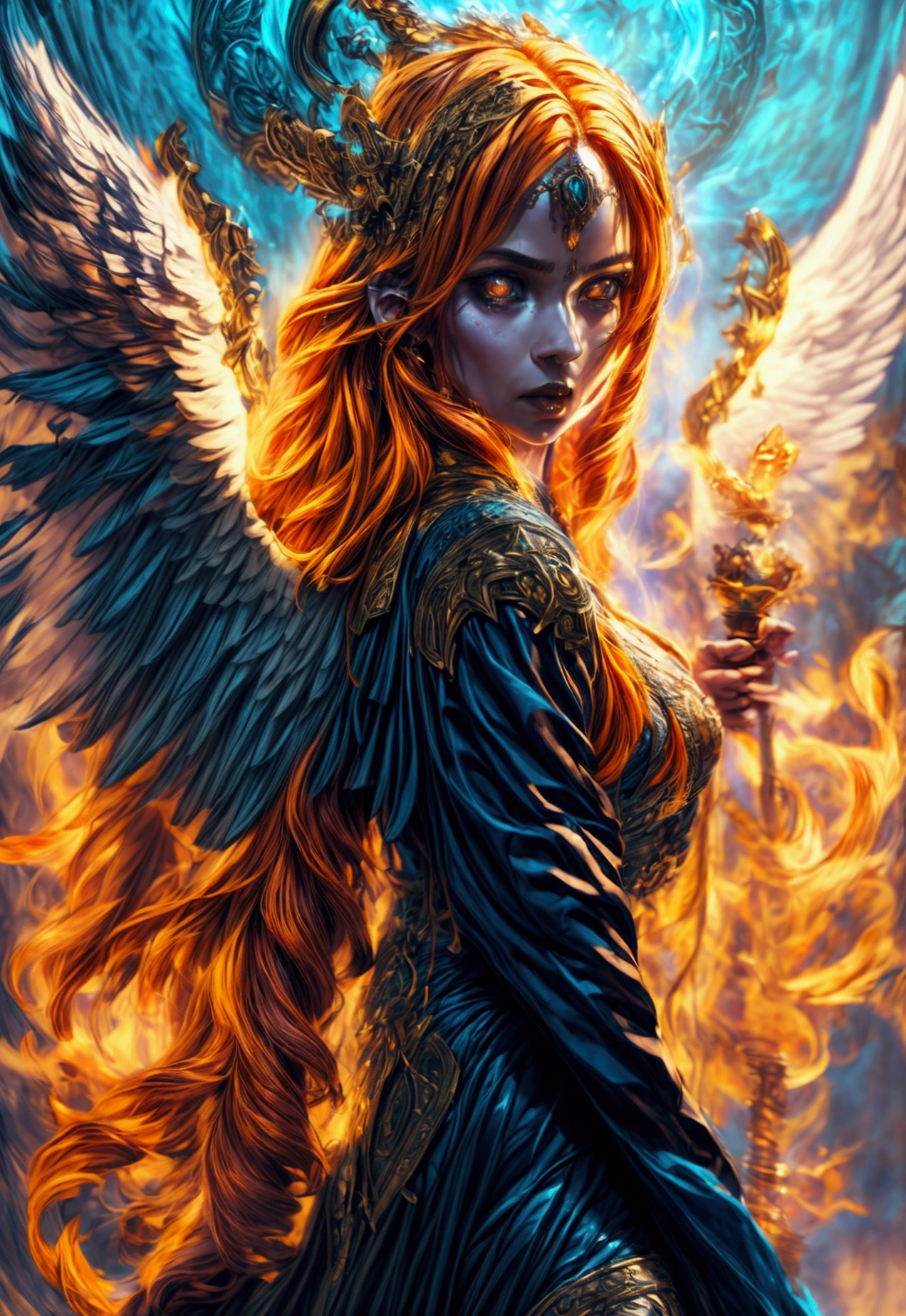 arafed high details, best quality, 16k, (ultra detailed: 1.5), masterpiece, best quality, (extremely detailed), dynamic angle, ultra wide shot, photorealistim, RAW, fantasy art, dnd art, fantasy art, realistic art, a wide angle picture of a female aasimar sorceress casting a fire spell, full body  (intense details, Masterpiece, best quality), D&D aasimar, exremley beautiful female aasimar, orange hair, long hair, wavy hair, dynamic eyes color, angelic eyes, radiant magical eyes, ultra detailed face (intense details, Masterpiece, best quality), spread angelic wings, white angelic wings (intense details, Masterpiece, best quality),  wearing [black] robe, wearing blue cloak, long cloak, flowing cloak with fire motifs (intense details, Masterpiece, best quality), armed with magical staff (intense details, Masterpiece, best quality), manipulating fire magical energy (intense details, Masterpiece, best quality), controlling lightning, dark fantasy magical tower background, evil temple background (intense details, Masterpiece, best quality), Cinematic Hollywood Film, fire magic, Intense gaze, Rune_Magic
