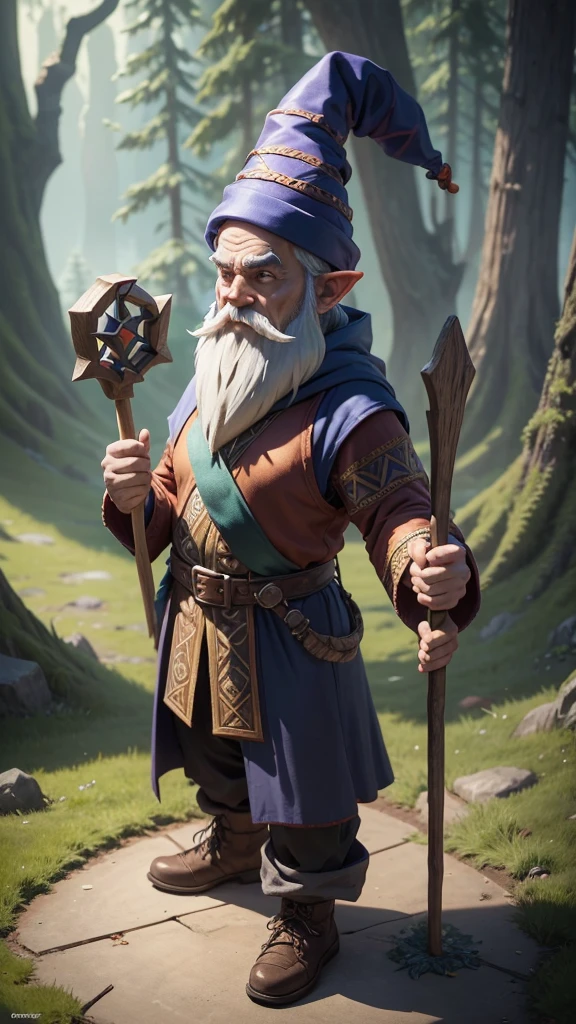 a man dressed as a gnome walking on the ground with a stick, gnome, wizard's pose, male magician's t-pose, gnome druid, gnome magician, great wizard wearing a hat, a mysterious wizard casting spells, gnomon, drachenlord, spell casting wizard, sorcerer, evil alchemist dwarf, wizard crawler
