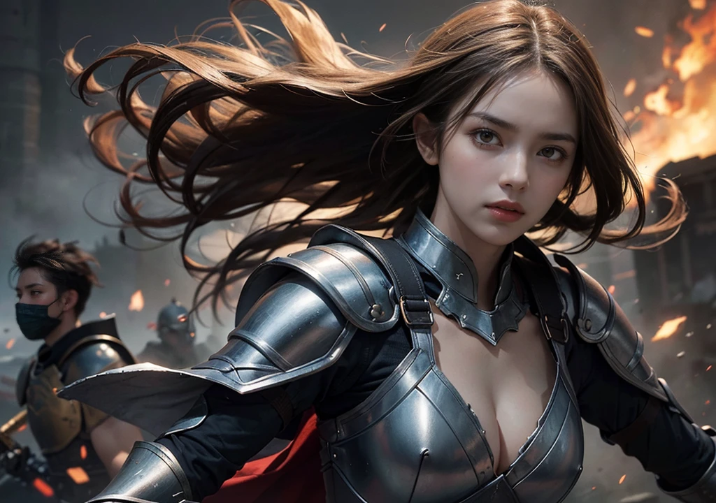 A stunning female warrior,clad in metal armor that accentuates her curves. Her face radiates beauty and courage, with piercing Orange eyes. She wields a samurai with confidence, ready for battle. The background depicts an epic battlefield. Dramatic lighting highlights the details of her armor and facial expression. Realistic style with high detail, The mouth is hidden,full-face armour.