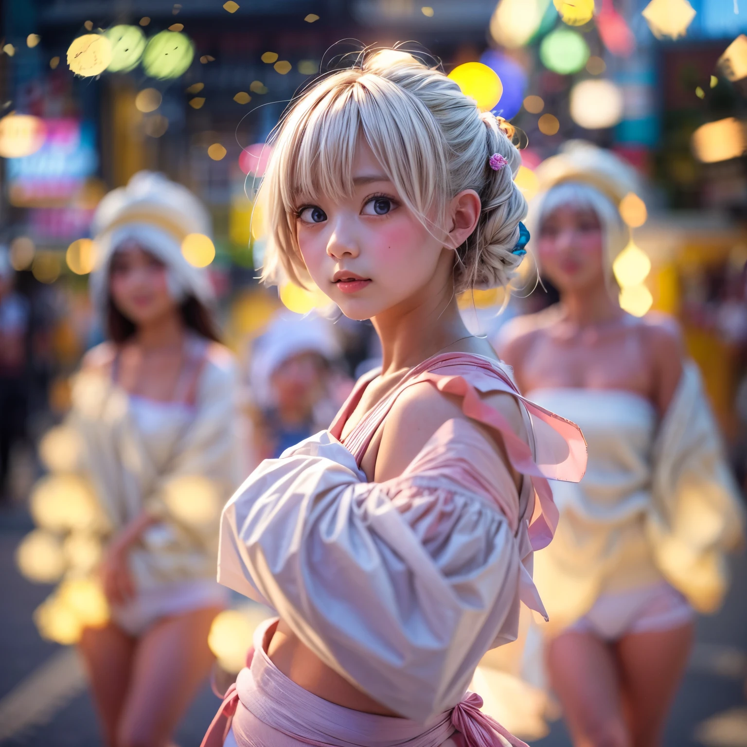 ((bokeH, Acutance:0.85, ultra-detailed:1.35)), (((from below))) . The background is the downtown area at (Twilight:1.4), (Red-dyed clouds above hed:1.24), { The Sky takes up more than third of the composition | (many colorful Lights:1.2) | lens flare | Burning | Haze | (luminous Particles) | Mystic sight | God rays | Lightning }, { Underboob | Oiled ivory skin | (FullBody) } . BREAK (Masterpiece:1.2) of professional Analog photo with Hasselblad (((realistic and photorealistic with touch of rawness:1.37))) . ((( A group photo of KAWAII girls in WHITE Fundoshi) at Hakata Gion Ymakasa Festival )), (((Extremely detailed KAWAII face variations:1.37))) . {Assfocus with looking ahead|(Bare Thighs)|Starry Light Particles|KANZASHI|HiddenHand|Corrected Childish Hand}