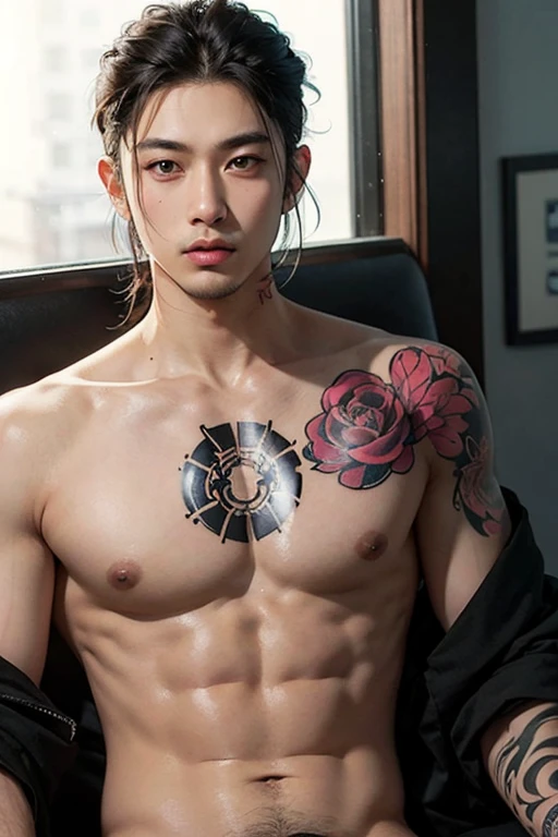 Young Asian man with short curly hair with yakuza tattoos all over his body 