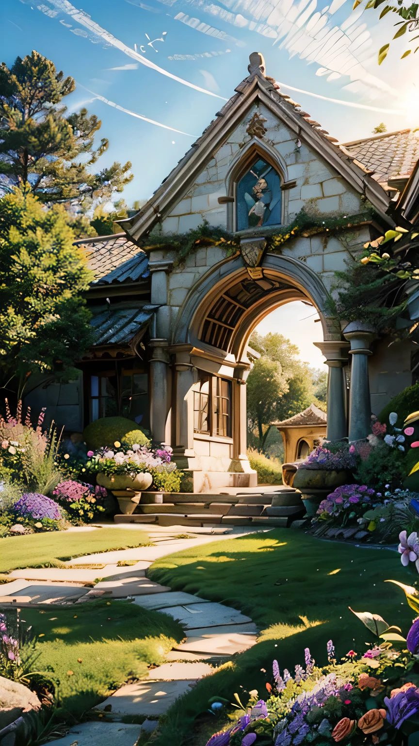 direct perpendicular straight view,single stone arch to a fairytale garden at sunrise,plants flowers trees,sunbeams,fantasy,ethereal,extreme details,photorealistic,design,architecture,4k,HD,beautiful,nature,perpendicular straight view,head on view, direct view,