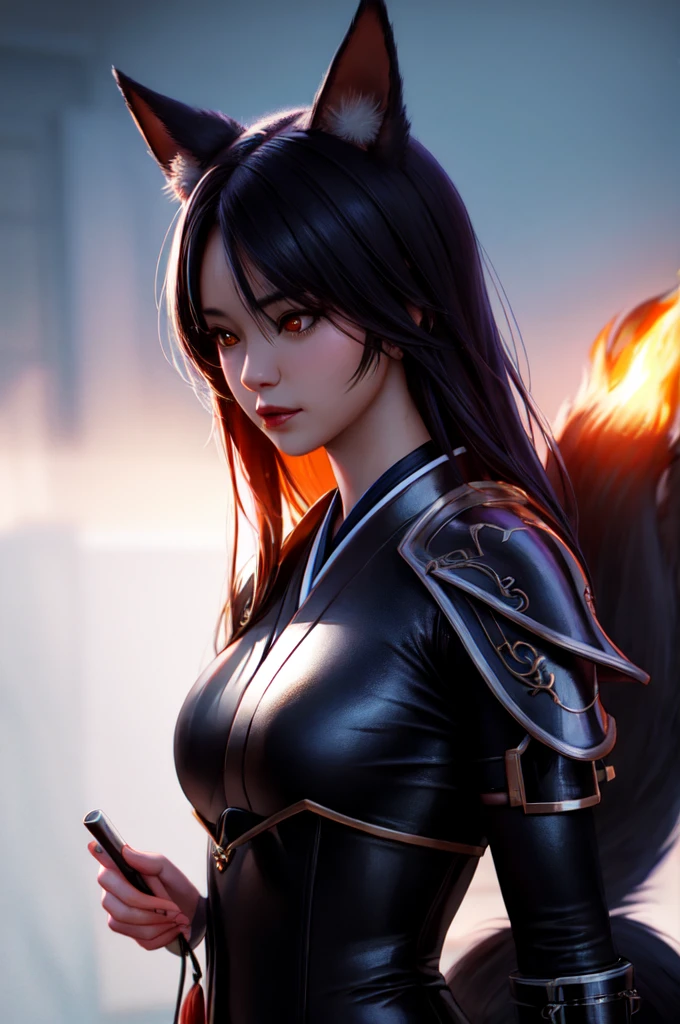 a japanese young woman kitsune with fox ears and three fox tails, kitsune inspired armor, with kitsune mask, fox, kitsune holding torch,Ambiance sombre by Yang J, Guweiz, (best quality, 4k, highres, masterpiece:1.2), ultra-detailed, (realistic, photorealistic:1.37), HDR, UHD, studio lighting, ultra-fine painting, sharp focus, physically-based rendering, extreme detail description, professional, vivid colors, bokeh, portraits, landscape, horror, anime, sci-fi, photography, concept artists, vibrant color tones, atmospheric lighting