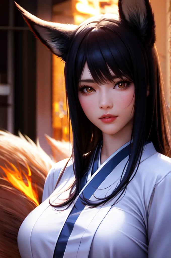a japanese young woman kitsune with fox ears and three fox tails, kitsune inspired armor, with kitsune mask, fox, kitsune holding torch,Ambiance sombre by Yang J, Guweiz, (best quality, 4k, highres, masterpiece:1.2), ultra-detailed, (realistic, photorealistic:1.37), HDR, UHD, studio lighting, ultra-fine painting, sharp focus, physically-based rendering, extreme detail description, professional, vivid colors, bokeh, portraits, landscape, horror, anime, sci-fi, photography, concept artists, vibrant color tones, atmospheric lighting