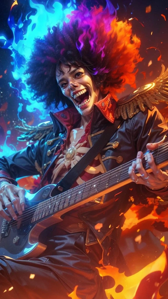 Blue purple and red fire, bony skeleton, ultra realistic guitar, Bony fingers , full hand, Vibrant and dynamic digital illustration featuring Brook from One Piece, depicted as a skeleton with an afro hairstyle, half engulfed in blue flames and the other half in red flames. Brook is dressed in a dark, ornate jacket with gold epaulets and intricate patterns, a bright orange cravat, and blue pants. He is playing an electric guitar with a skull-shaped headstock, his bony fingers expertly strumming the strings. The background is a mix of dark and bright colors, with splashes of red, blue, and yellow, creating an energetic and fiery atmosphere. Musical notes and energy waves radiate from the guitar, emphasizing the dynamic performance. The style is highly detailed and colorful, with a strong emphasis on contrast and movement, capturing Brook's lively spirit and rockstar persona. His eye sockets glow with an eerie blue light, and his jaw is slightly open, as if singing along with the music,