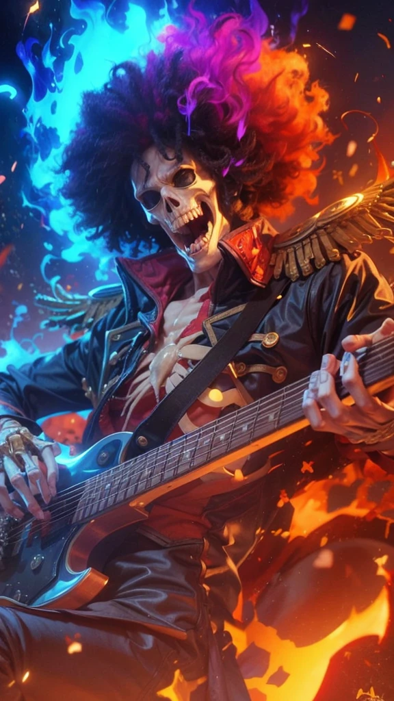 Blue purple and red fire, bony skeleton, ultra realistic guitar, Bony fingers , full hand, Vibrant and dynamic digital illustration featuring Brook from One Piece, depicted as a skeleton with an afro hairstyle, half engulfed in blue flames and the other half in red flames. Brook is dressed in a dark, ornate jacket with gold epaulets and intricate patterns, a bright orange cravat, and blue pants. He is playing an electric guitar with a skull-shaped headstock, his bony fingers expertly strumming the strings. The background is a mix of dark and bright colors, with splashes of red, blue, and yellow, creating an energetic and fiery atmosphere. Musical notes and energy waves radiate from the guitar, emphasizing the dynamic performance. The style is highly detailed and colorful, with a strong emphasis on contrast and movement, capturing Brook's lively spirit and rockstar persona. His eye sockets glow with an eerie blue light, and his jaw is slightly open, as if singing along with the music,