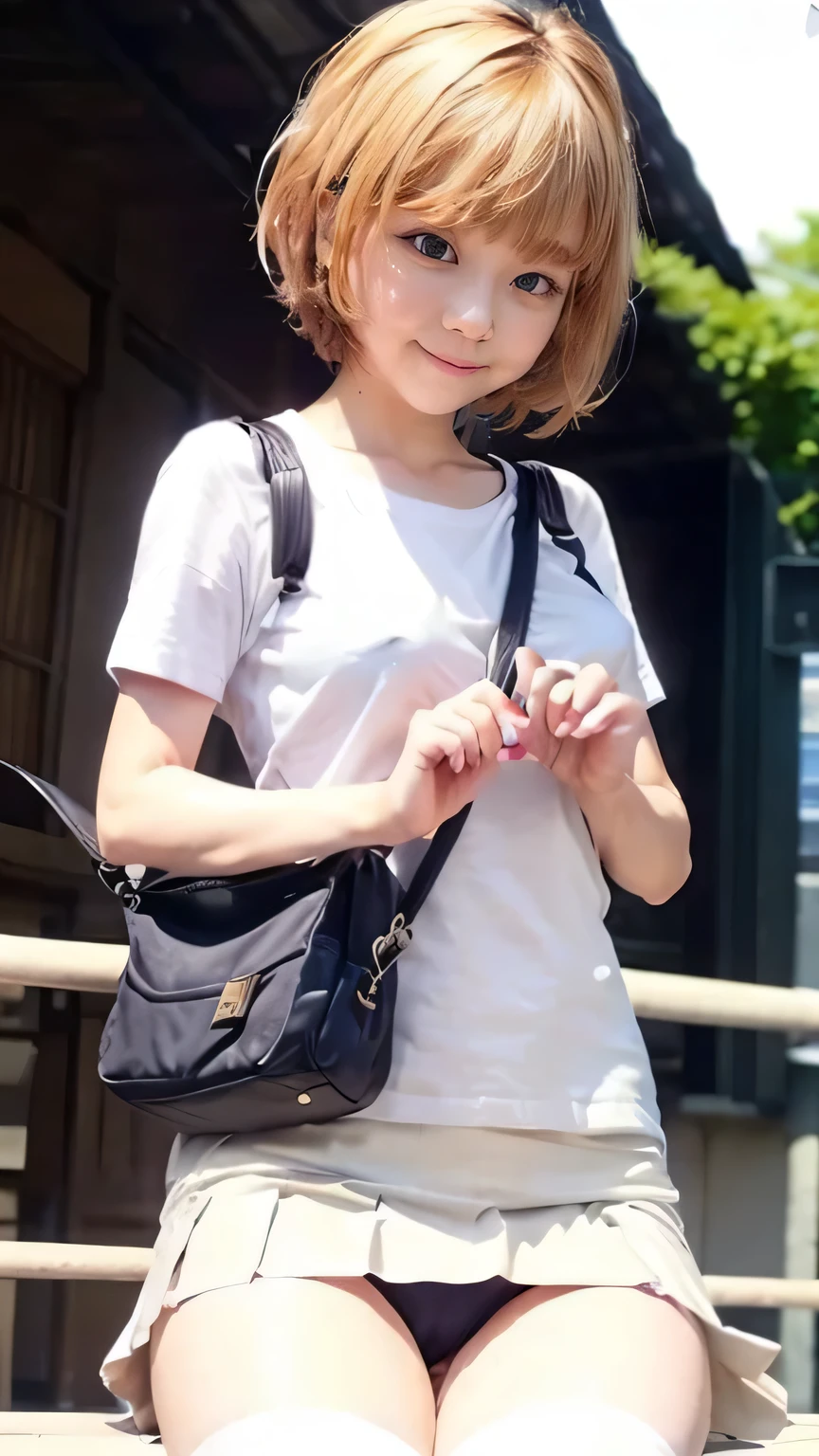 (Girl sitting on bench in Tokyo street:1.2、Sitting on a bench on a street corner)、((Black T-shirt、(White pleated skirt:1.2)、White socks、sneakers、Spread your legs、Detailed floral panties)、(Sports Bags、The strap of the bag passes between the chest、paisla:1.5)、(Realistic、Like a photograph、Live Action、8k, Realistic, RAW Photos, Best image quality: 1.4), Single-lens reflex camera、RAW Photos, Highest quality, Realistic, Highly detailed CG Unity 8k wallpaper, Written boundary depth, Cinematic Light, Lens flare, Ray Tracing, Realistic background、((Ultra-Dense Skin))、 15 year old girl after school,Cute white gal、(whole body:1.5)、Very detailedな顔,Shy expression、avert your eyes:1.1、(Blonde、short hair:1.2、Shortcuty hair is blowing in the wind:1.4)、I like that style、stylish、Very detailed、Pay attention to the details、Perfect outfit、(White skin)、Front view、Accurate hands、Accurate legs、Detailed hands and fingers、Anatomically correct body、Thin legs、Thin thighs、Small breasts、Super detailed face
