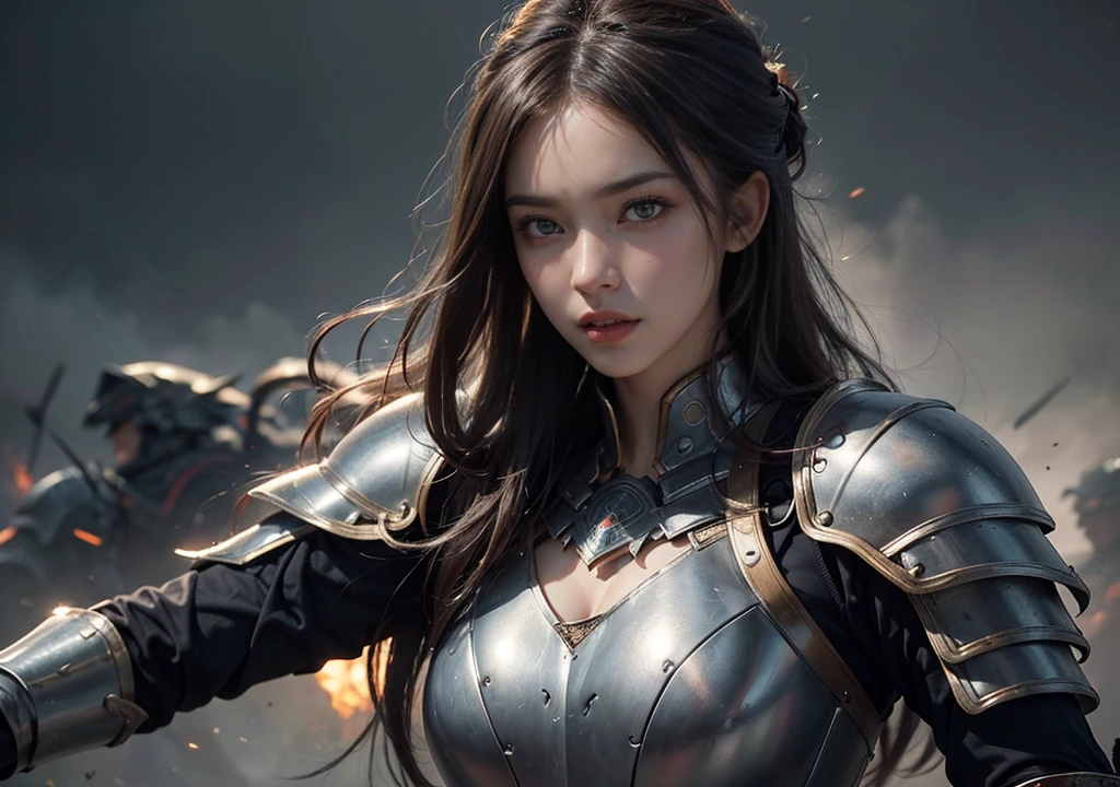 A stunning female warrior,clad in metal armor that accentuates her curves. Her face radiates beauty and courage, with piercing Orange eyes. She wields a samurai with confidence, ready for battle. The background depicts an epic battlefield. Dramatic lighting highlights the details of her armor and facial expression. Realistic style with high detail, The mouth is hidden,full-face armour.