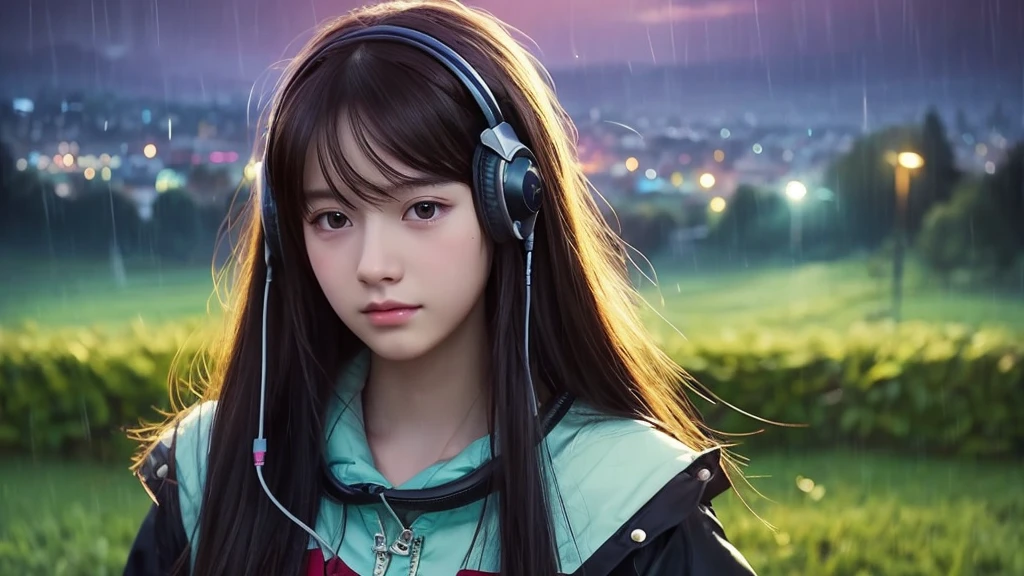 masterpiece ,high quality,fantasy,rainy days landscape,black semi long hair, in the room,high school cute girl , colorful、brown eye, with headphone listen music,beautiful detailed face, cute eyes, night landscape
