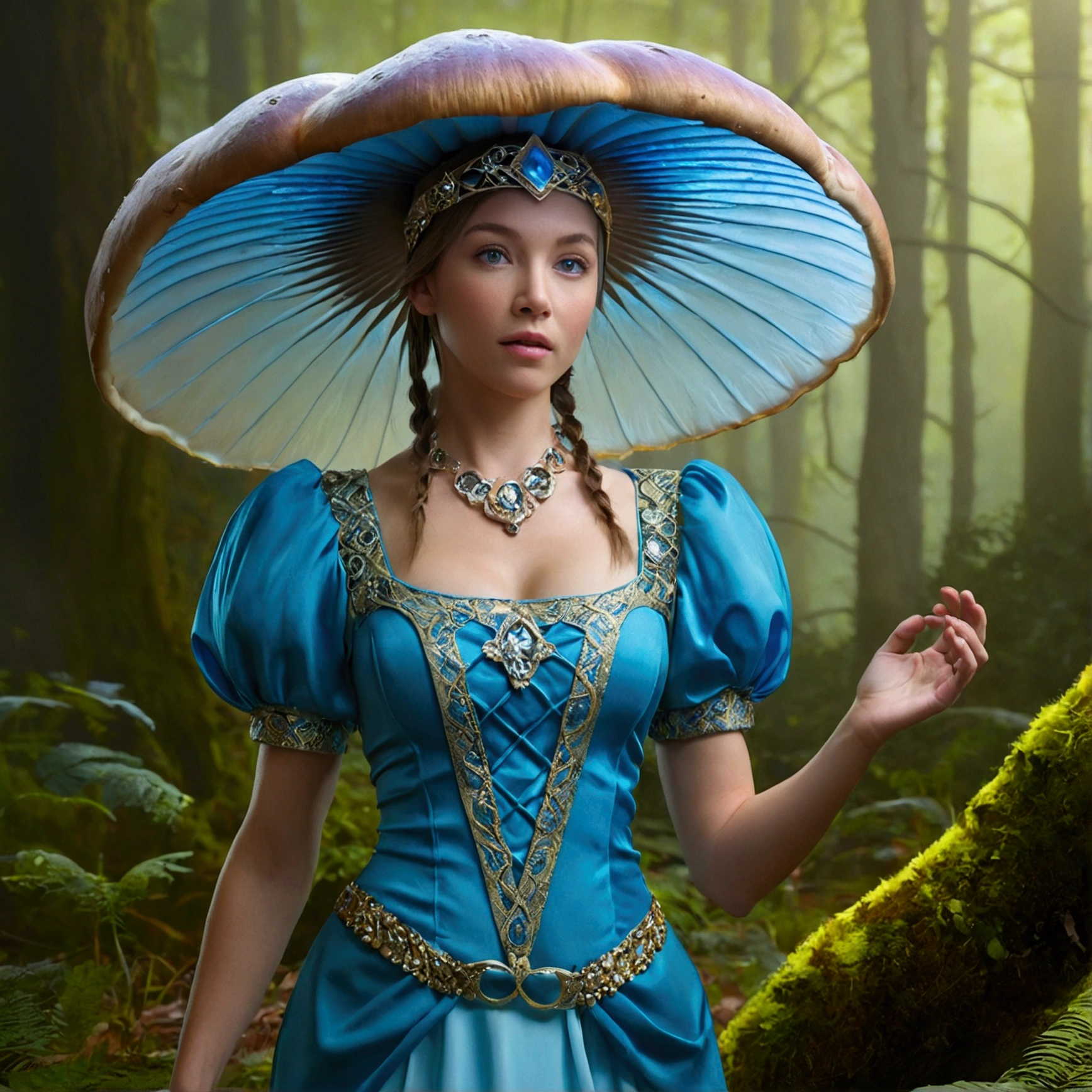 "magical encounter, young beautiful woman with beautiful, perfect, perfect blue eyes
exploring, gigantic mushroom, ethereal butterflies, Misty Wonderland, enchanting details many giant mushroom heads, translucent, shining in neon, beautiful, wonderful, shiny and beautiful forest forest of giant mushrooms, many feet of giant mushrooms, translucent, shining in neom, beautiful wonderful, forest shiny and beautiful,with lots of glittering butterflies"
, epic royal background, big royal uncropped crown, royal jewelry, robotic, nature, full shot, symmetrical, Greg Rutkowski, Charlie Bowater, Beeple, Unreal 5, hyperrealistic, dynamic lighting, fantasy art,(low-cut clothing,clothes without necklines,beautiful and classic princess dress).
, Miki Asai Macro photography, close-up, hyper detailed, trending on artstation, sharp focus, studio photo, intricate details, highly detailed, by greg rutkowski