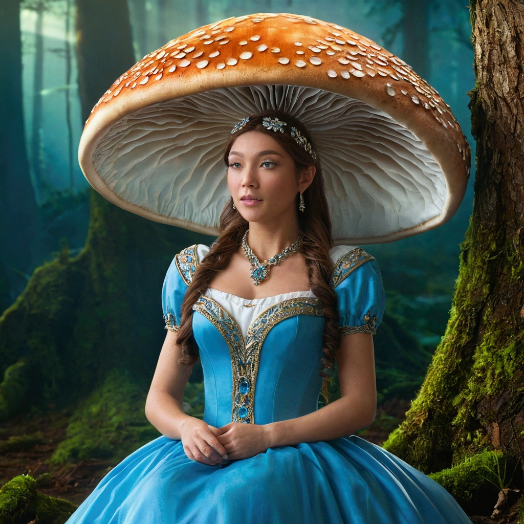 "magical encounter, young beautiful woman with beautiful, perfect, perfect blue eyes
exploring, gigantic mushroom, ethereal butterflies, Misty Wonderland, enchanting details many giant mushroom heads, translucent, shining in neon, beautiful, wonderful, shiny and beautiful forest forest of giant mushrooms, many feet of giant mushrooms, translucent, shining in neom, beautiful wonderful, forest shiny and beautiful,with lots of glittering butterflies"
, epic royal background, big royal uncropped crown, royal jewelry, robotic, nature, full shot, symmetrical, Greg Rutkowski, Charlie Bowater, Beeple, Unreal 5, hyperrealistic, dynamic lighting, fantasy art,(low-cut clothing,clothes without necklines,beautiful and classic princess dress).
, Miki Asai Macro photography, close-up, hyper detailed, trending on artstation, sharp focus, studio photo, intricate details, highly detailed, by greg rutkowski