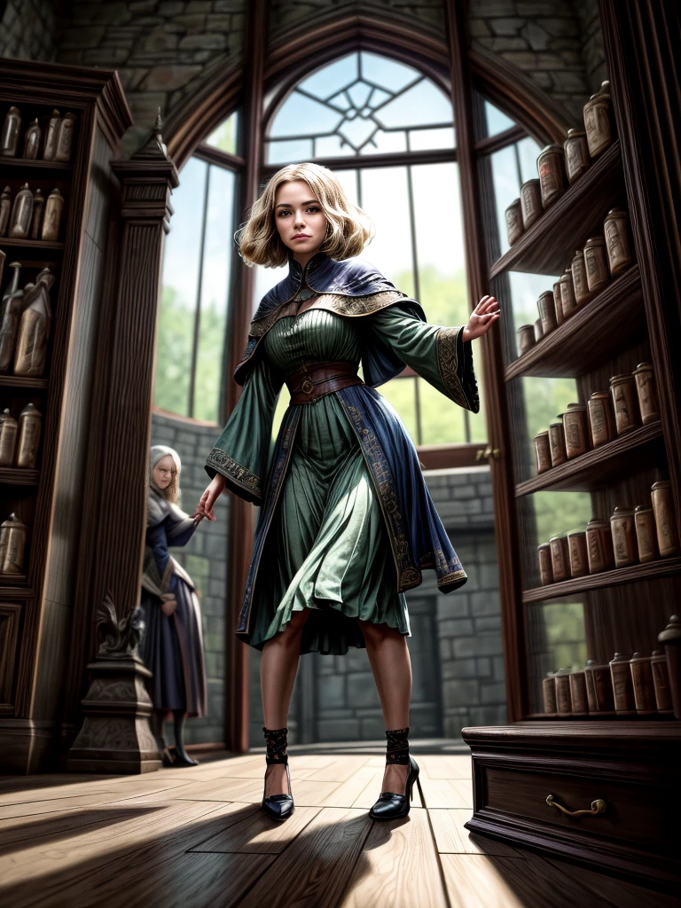 zrpgstyle, medieval portrait, (2girls:1.3), acolyte women, (Style-Interact:1.3), glorious elaborate ornate robes standing in a detailed luxurious stone castle (apothecary:1.2) Game of Thrones Hogwarts bright morning sunlight shining in from window Clutter-Home, (masterpiece:1.2) (best quality) (detailed) (intricate) (8k) (HDR) (wallpaper) (cinematic lighting) (sharp focus) (intense action scene, dutch angle, foreshortening, motion blur, blurred foreground:1.3), many details.
