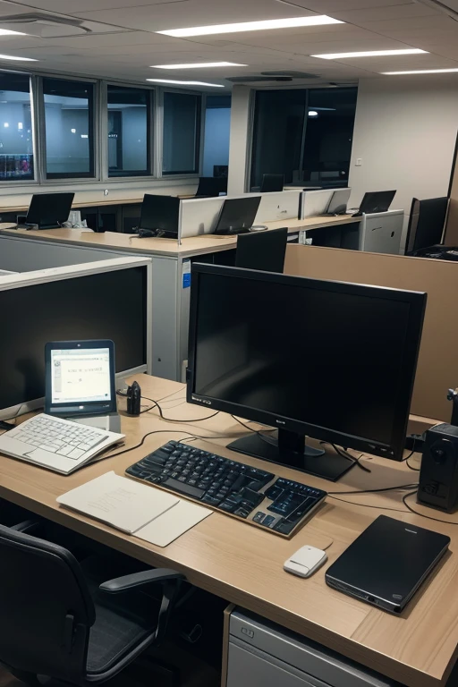 create an image of a technological office of computers and notebooks
