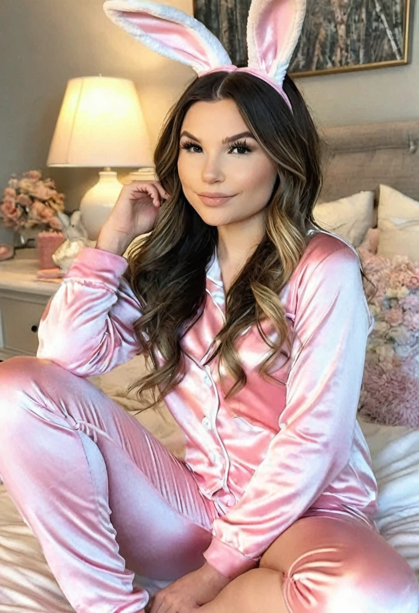 (((high quality:1.2))), Work of art, (8k), extremely detailed, ((High detail:1.2)) ((best resolution)), (Hotlexi woman), (Kenzie Reeves), Solo, ((24 years old brunette female)), (bunny cute pajamas),