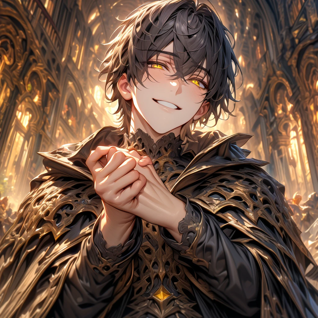 ultra detailed, high resolution, HDR, artwork, black hair, expressive yellow eyes, black coat, man, alone, best quality, handsome smile, tight black shirt, calling with hands