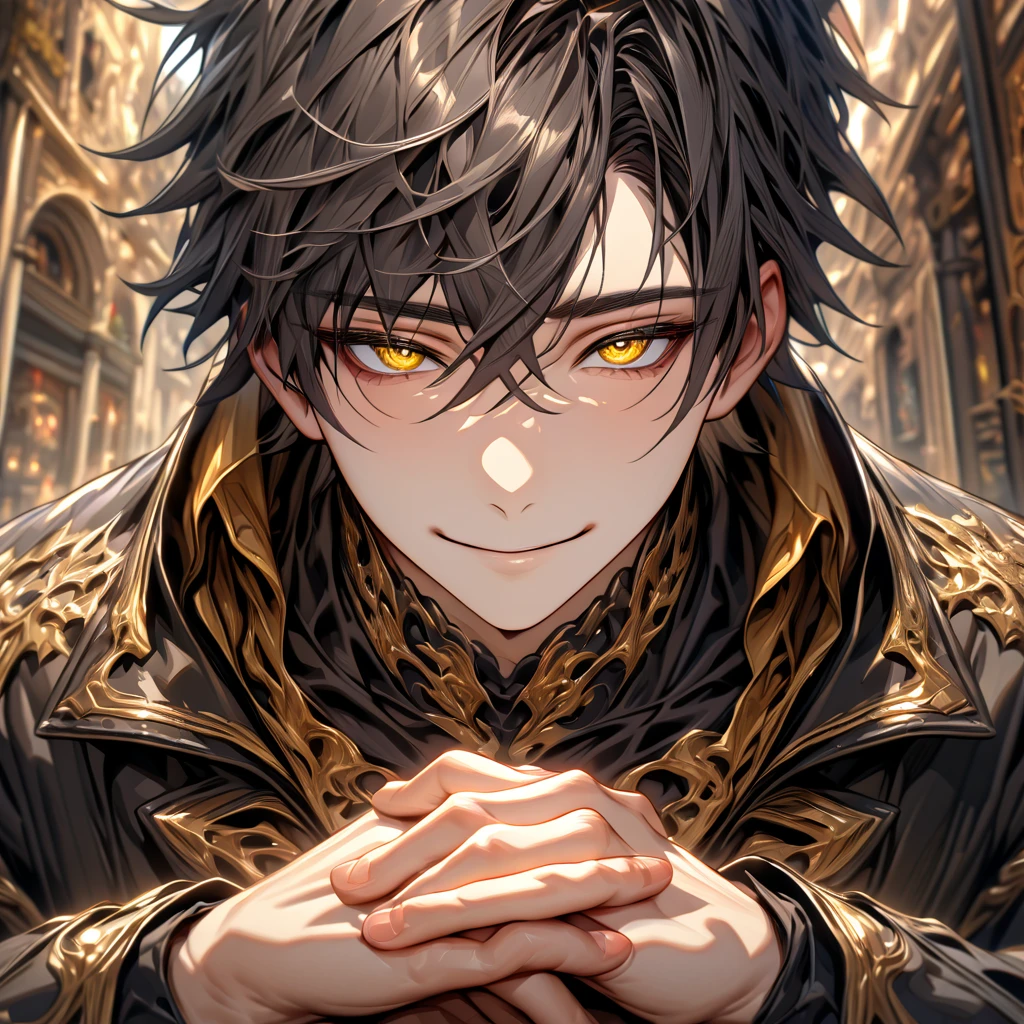 ultra detailed, high resolution, HDR, artwork, black hair, expressive yellow eyes, black coat, man, alone, best quality, handsome smile, tight black shirt, calling with hands