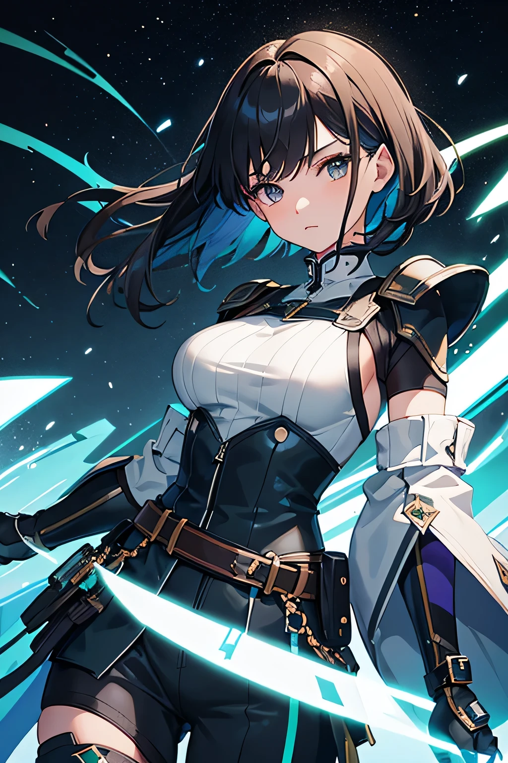 Amazing portrait of a Japanese teenage girl with short brown hair with left-parted bangs and brown eyes wearing a light blue high-collared sleeveless zip-up jumpsuit with black side paneling and a black swallow design on the back which is unzipped down to her torso showing a blue crop top underneath and the jumpsuit is adorned with a black two-pronged belt with green stars with black, blue, and purple armored boots with three green stars around the cuff over dark blue and light blue ribbed and striped socks with  elbow-length armored blue light blue and gray gauntlets with puffy black banded white cuffs above her white fingerless gloves over which gauntlets are blue knuckle guards and elbow guards also wearing leg guards over her boots.