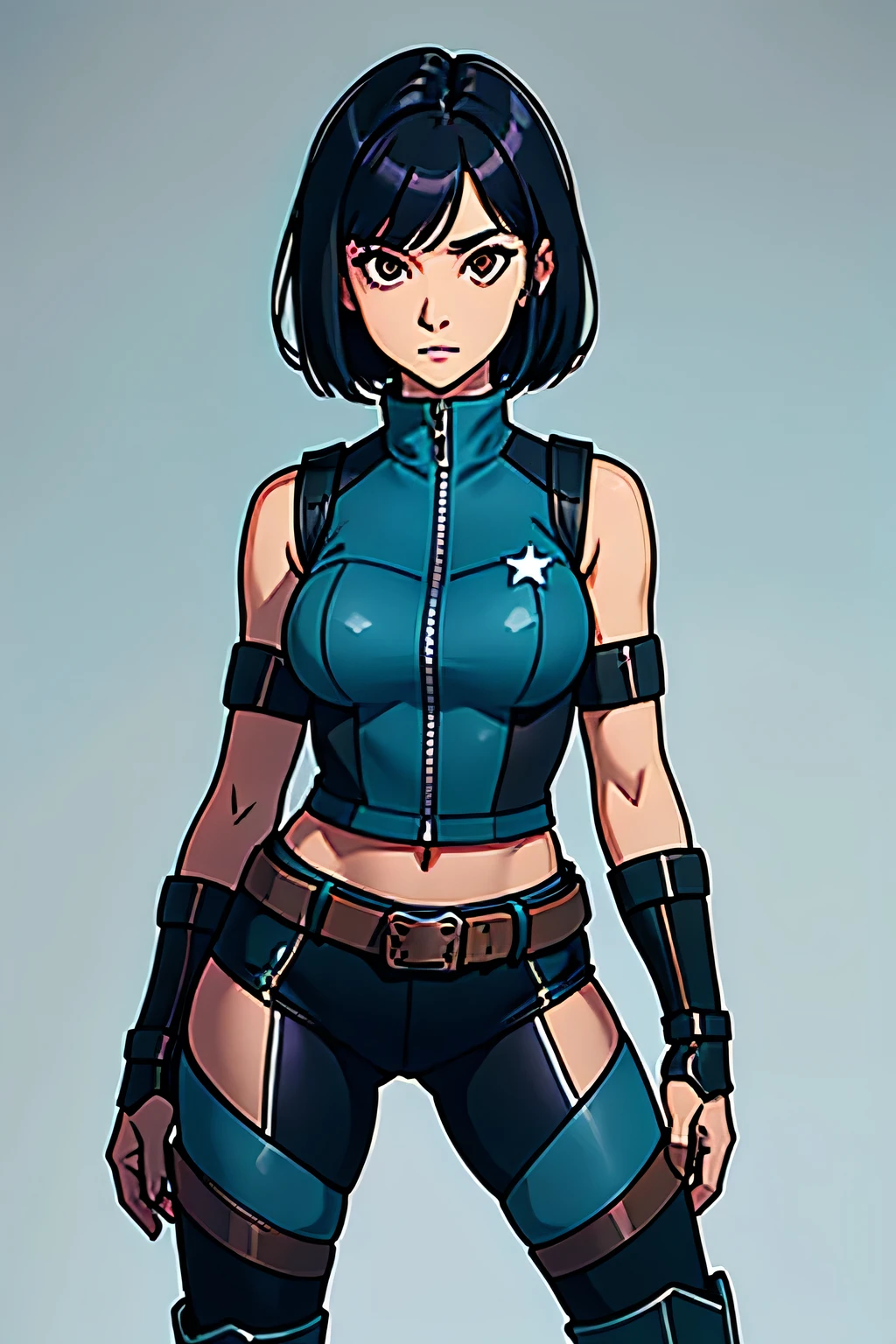 Amazing portrait of a Japanese teenage girl with short brown hair with left-parted bangs and brown eyes wearing a light blue high-collared sleeveless zip-up jumpsuit with black side paneling and a black swallow design on the back which is unzipped down to her torso showing a blue crop top underneath and the jumpsuit is adorned with a black two-pronged belt with green stars with black, blue, and purple armored boots with three green stars around the cuff over dark blue and light blue ribbed and striped socks with  elbow-length armored blue light blue and gray gauntlets with puffy black banded white cuffs above her white fingerless gloves over which gauntlets are blue knuckle guards and elbow guards also wearing leg guards over her boots.