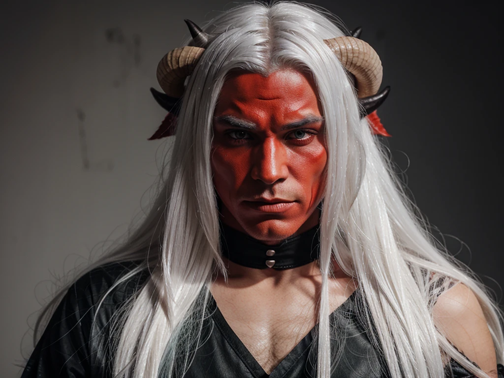 male devil with long white hair and black horns. Red skin