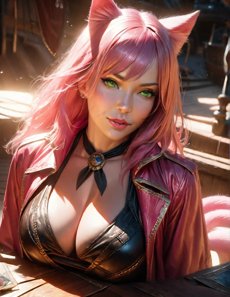 1girl, long pink hair, cat ears and tail, green eyes, seductive pirate clothes, big breasts, pirate ship deck, God rays, ray tracing, reflection light, (best quality,4k,8k,highres,masterpiece:1.2),ultra-detailed,(realistic,photorealistic,photo-realistic:1.37),dark,cinematic lighting,dramatic colors,fantasy,concept art