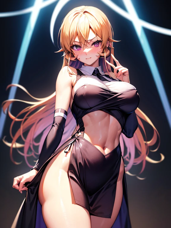 erina food wars, whole body, wearing tight black dress, beautiful body, best quality, ultra-high resolution, cute face, good hands, (master-piece: 1.4), looking the espectator, beautiful eyes, blushed, showing , tits,ultra-wide angle, shiny skin, heavenly background