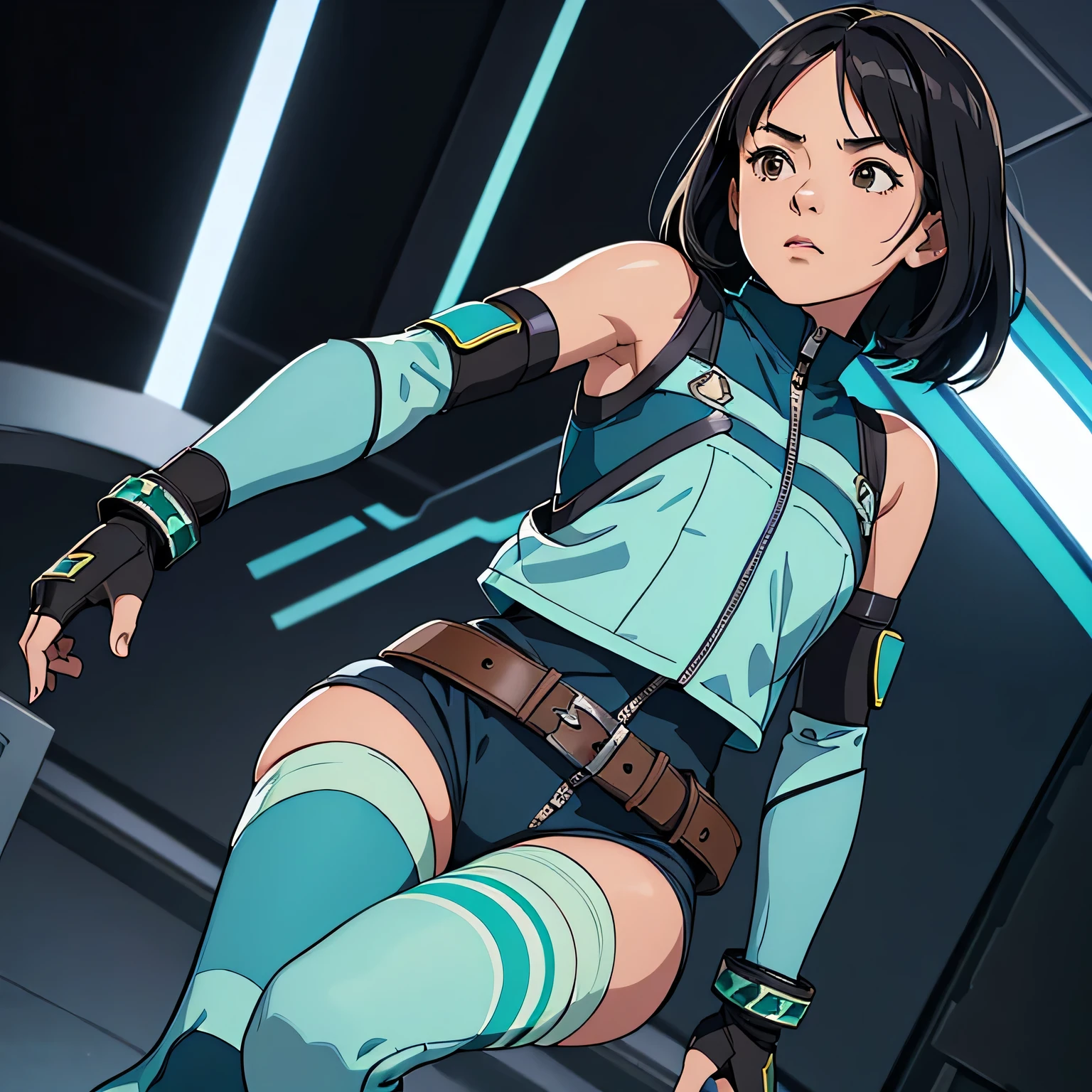 Amazing portrait of a Japanese teenage girl with short brown hair with left-parted bangs and brown eyes wearing a light blue high-collared sleeveless zip-up jumpsuit with black side paneling and a black swallow design on the back which is unzipped down to her torso showing a blue crop top underneath and the jumpsuit is adorned with a black two-pronged belt with green stars with black, blue, and purple armored boots with three green stars around the cuff over dark blue and light blue ribbed and striped socks with  elbow-length armored blue light blue and gray gauntlets with puffy black banded white cuffs above her white fingerless gloves over which gauntlets are blue knuckle guards and elbow guards also wearing leg guards over her boots.