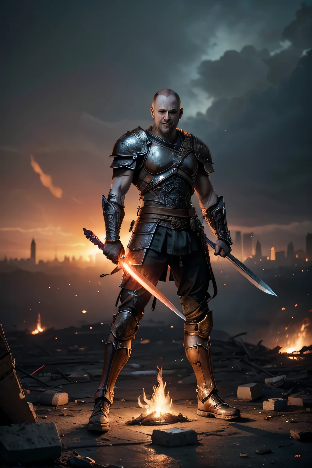Title: Embrace of the God of War
Setting: Futuristic battlefield amid city ruins.
Main Character: God of War, standing, hugging a pink teddy bear. His expression mixes strength and tenderness. Background Elements: City in Ruins (1.1): Smoke rises from the wreckage of destroyed skyscrapers, with flames flickering in an orange glow. Fire Sword: Flames dance along the blade of a massive sword embedded in the ground beside him.
Style: Artgerm style, with fine details, ultra-detailed, 8K high resolution.
Additional Scene: Woman Warrior: Dressed in medieval armor, smiling confidently. His sword glows with futuristic energy. Elegant Robot: Ready for battle, with an elegant and efficient design. Knight in Shining Armor: Approaching from a distance, blending war elements from the past and future.
 ANIME WITH A SMILE
