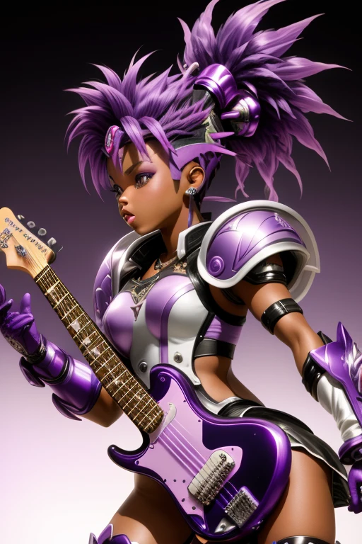 Saint Seiya,1 African American girl,purple Mohawk,Gradient,Gradient background,solo,1 girl,bow,Gloves,purple Mohawk,Fantastic girl,solo , electric guitar in hand, Rockstar, singing into a microphone.