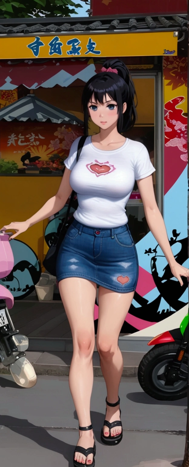realistic anime of pretty woman is walking along izakaya restaurant, (black ponytail hair girl), (wearing white t-shirt, navy-blue denim pencil micro skirt and black sandals), (1girl, solo, full body), (masterpiece, best quality, expressive eyes, perfect face, japanese anime style)