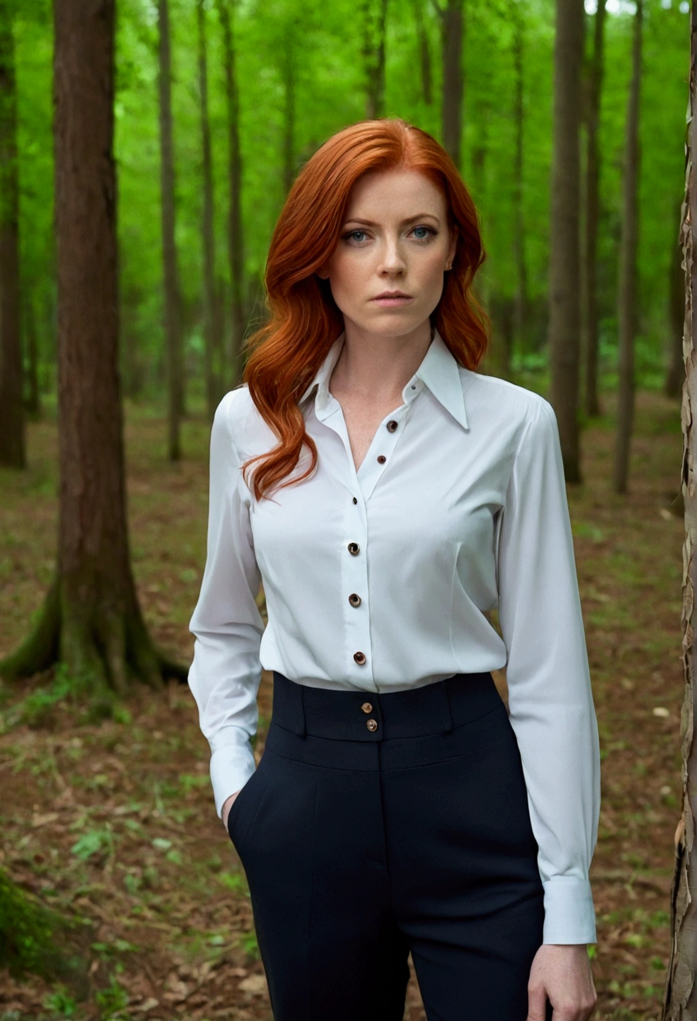 serious woman, Red hair , gewellte Red hair, shy, sehr lange Red hair, wears a blouse, Bluse bis oben buttoned up, visible buttons on the blouse, ,Sleeve style suit, fullbody, perfect, other pose, buttoned up, serious clothing style, Business Woman, in forest, wide angle, Full figure, closed Blouse with buttons, (fully) buttoned up,  --ar 1:1