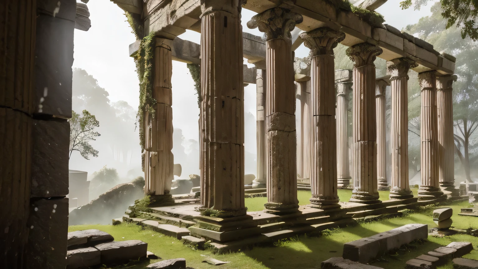 amidst the ruins of an ancient temple, where broken columns and mossy stones tell stories of a forgotten past. The air is filled with the scent of damp earth and wild plants struggling to survive amid crumbling structures..