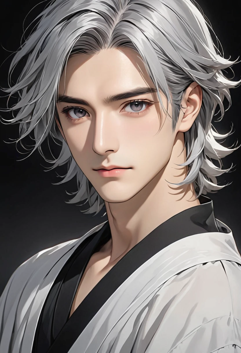 person Male gender with gray hair and dark black eyes, image only shoulder length