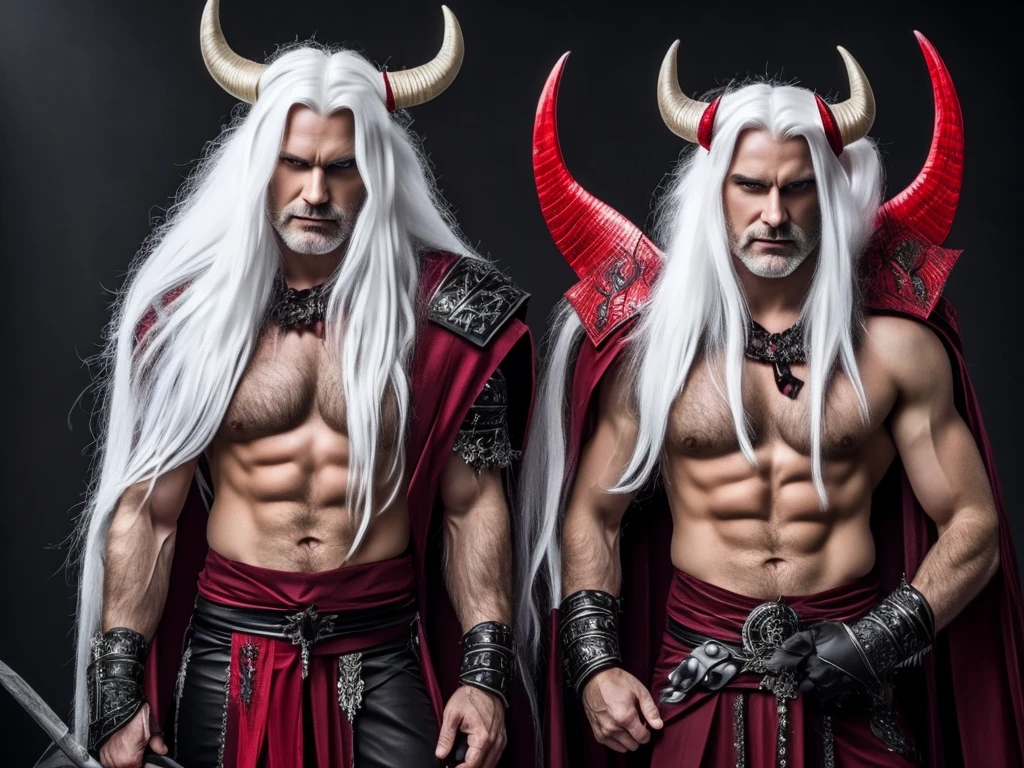 one male devil with long white hair ,red skin and big black horns