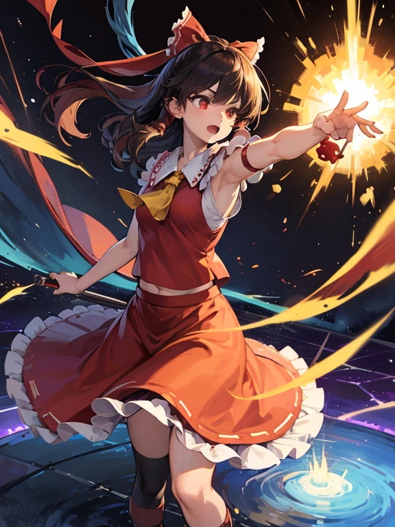 solo 1 girl view, TouHou project, hot girl, An adventure the Reimu, which due to a curse has been transformed into Kedama, a little ball of hair, having to fight waves of enemies from an isometric perspective with both ranged attacks and hand-to-hand combat, being able to turn into different monsters.,(all realistic intricate details)