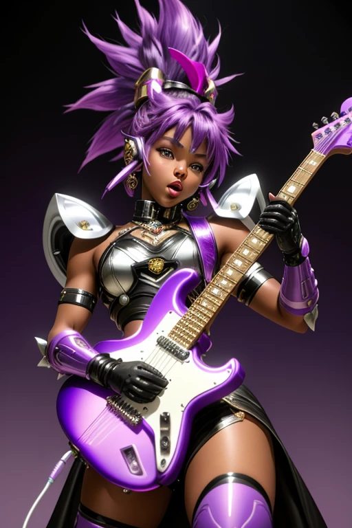 Saint Seiya,1 African American girl,purple Mohawk,Gradient,Gradient background,solo,1 girl,bow,Gloves,purple Mohawk,Fantastic girl,solo , electric guitar in hand, Rockstar, singing into a microphone.