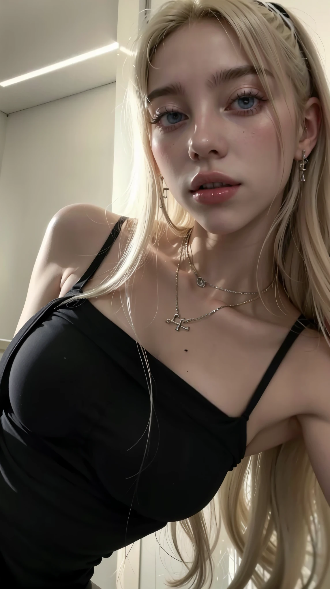 Blonde woman with long hair and piercings posing for a photo., with long black hair, with long black hair, Perfect white hair girl, Ava Max, tifa lockhart with black hair, pale porcelain white skin, anime girl in real life,  with black hair, extremely black hair, very black hair, with long black hair, her hair is black