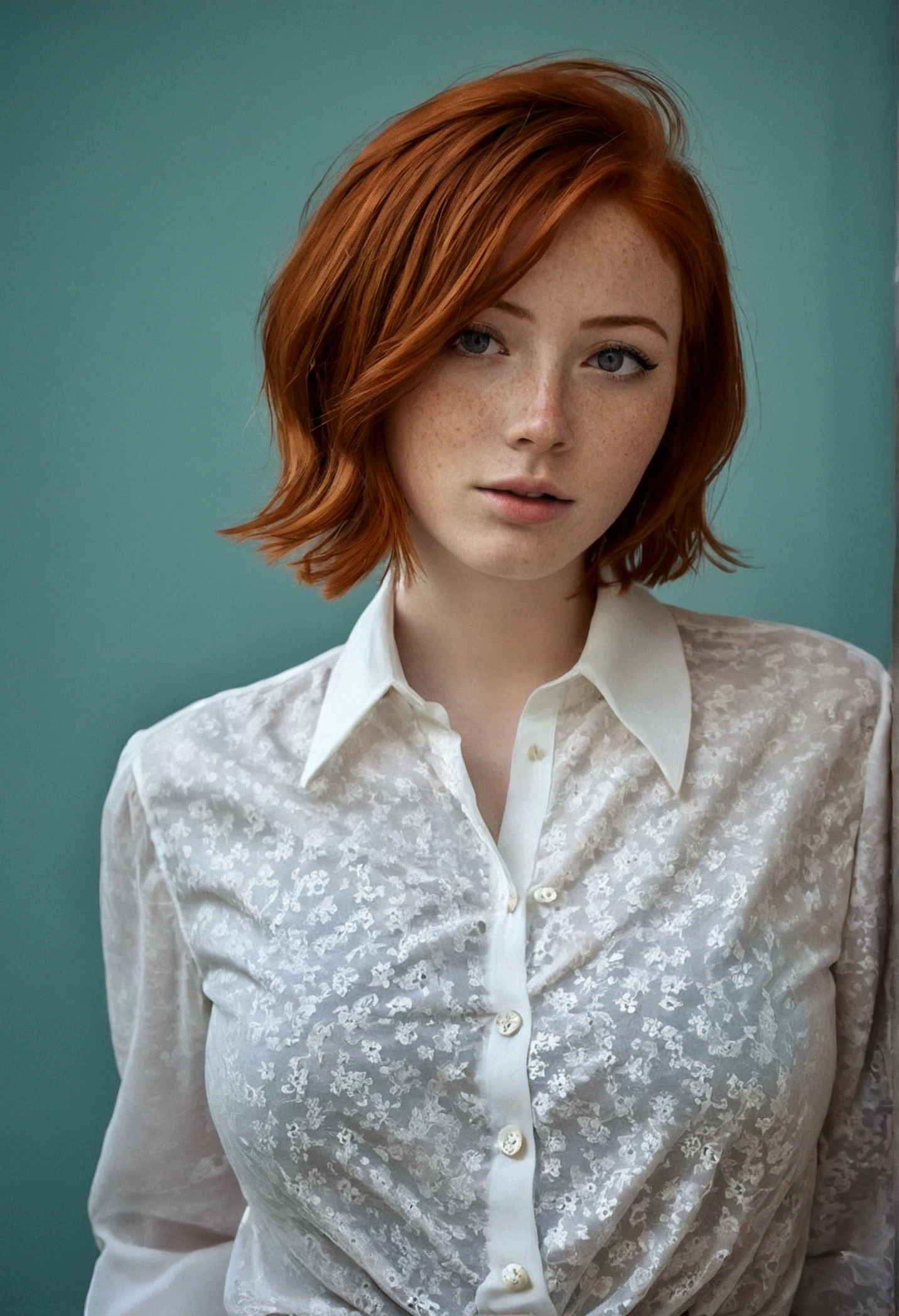 Girl , Red-Haired , freckles , shy short hair , very large breasts , wears a blouse, Blouse buttoned up to the top, visible buttons on the blouse, adult ,Sleeve style suit