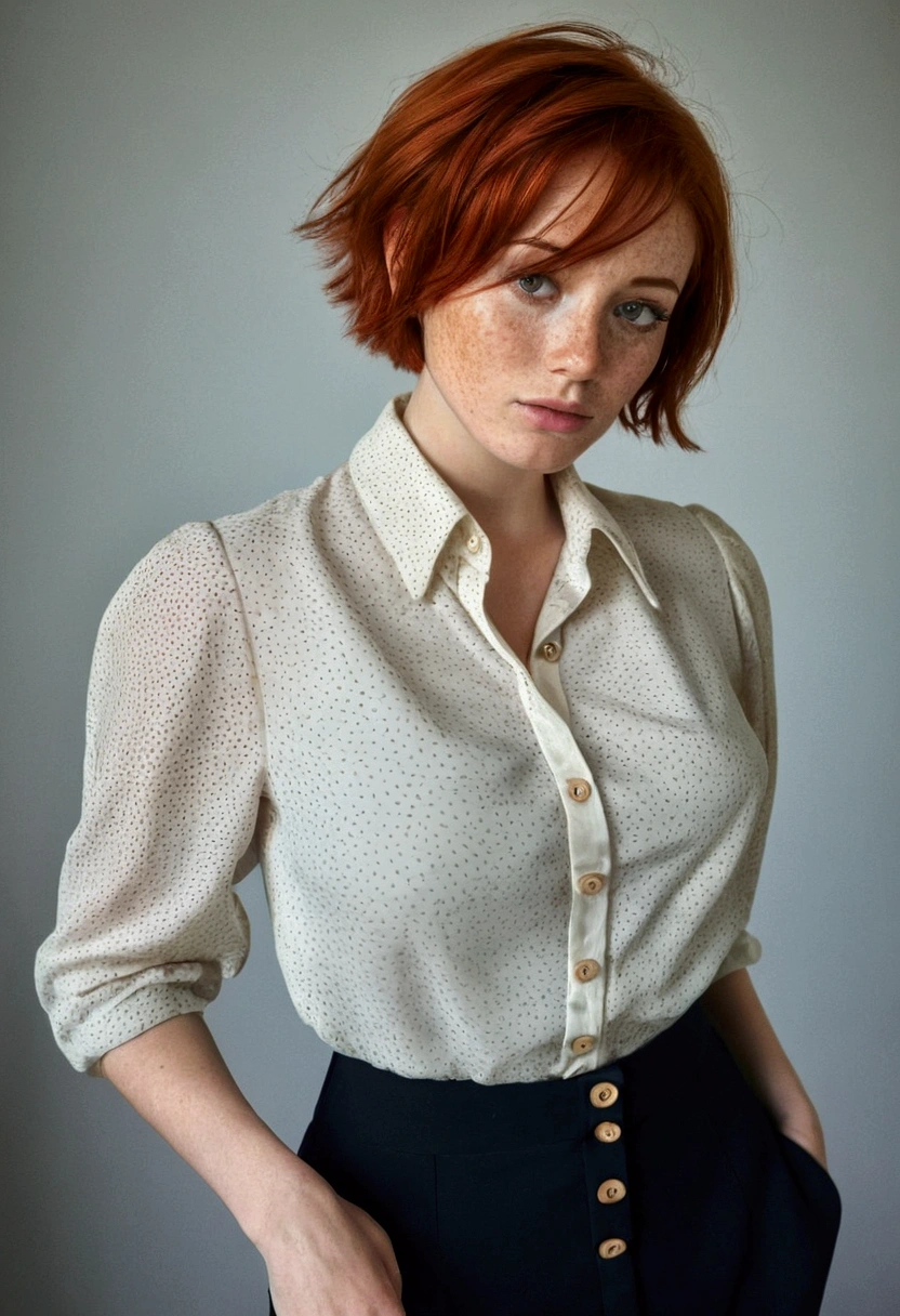 Girl , Red-Haired , freckles , shy short hair , very large breasts , wears a blouse, Blouse buttoned up to the top, visible buttons on the blouse, adult ,Sleeve style suit