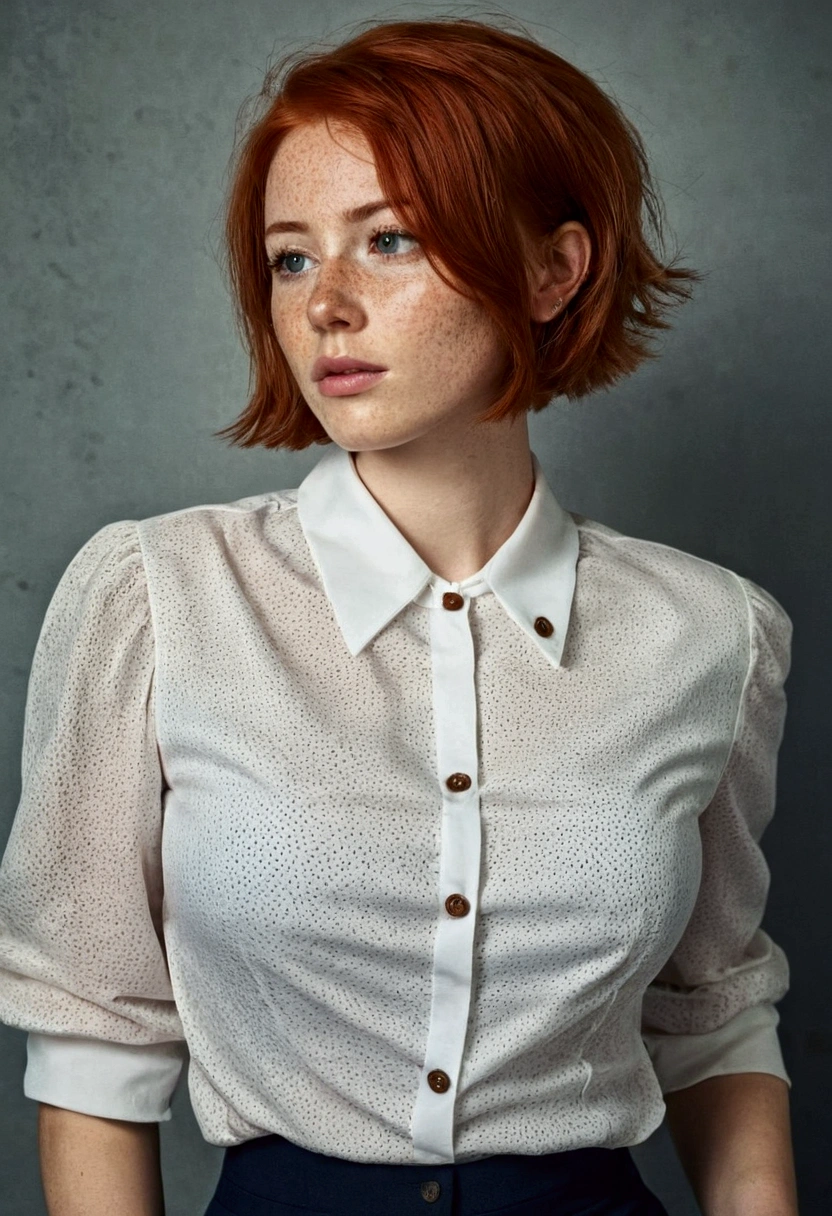 Girl , Red-Haired , freckles , shy short hair , very large breasts , wears a blouse, Blouse buttoned up to the top, visible buttons on the blouse, adult ,Sleeve style suit