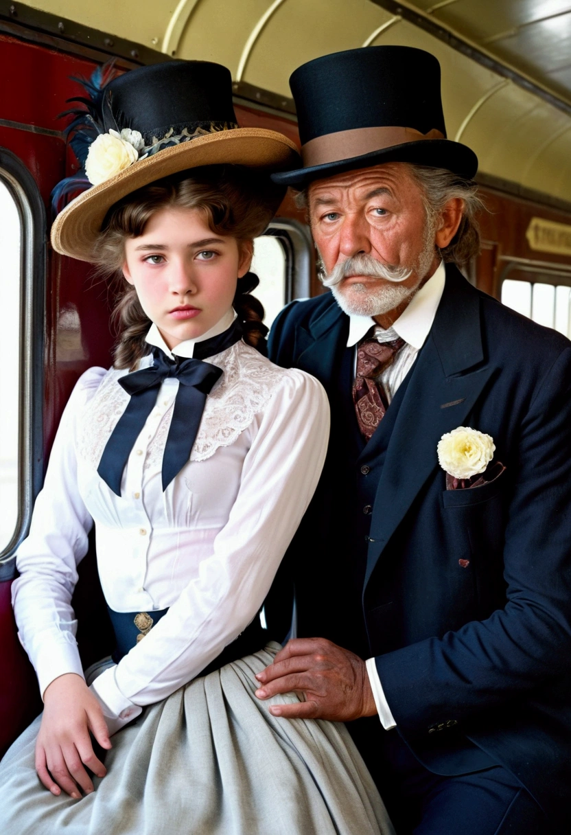Year 1901. A pretty 14yo brunette teenage Gibson Girl dry-humped and fondled by a horny 69yo gentleman inside a train car. The girl wears a Victorian high-collar long sleeve shirtwaist, floor-length skirt and a wide-brimmed picture hat topped with feathers, ribbons and flowers, wasp waist, large bubble butt, gorgeous face, long hair styled into a pompadour. The aged man wears a three-piece business suit with a starched collar and a bowler hat. The girl bites her bottom lip. (((1 man, 1 girl, NSFW))).
