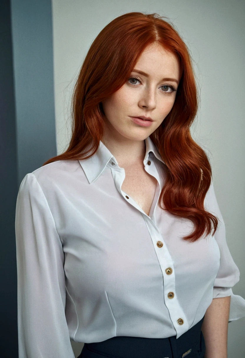 Girl , Red-Haired , long red hair, shy short hair , very large breasts , wears a blouse, Blouse buttoned up to the top, visible buttons on the blouse, adult ,Sleeve style suit