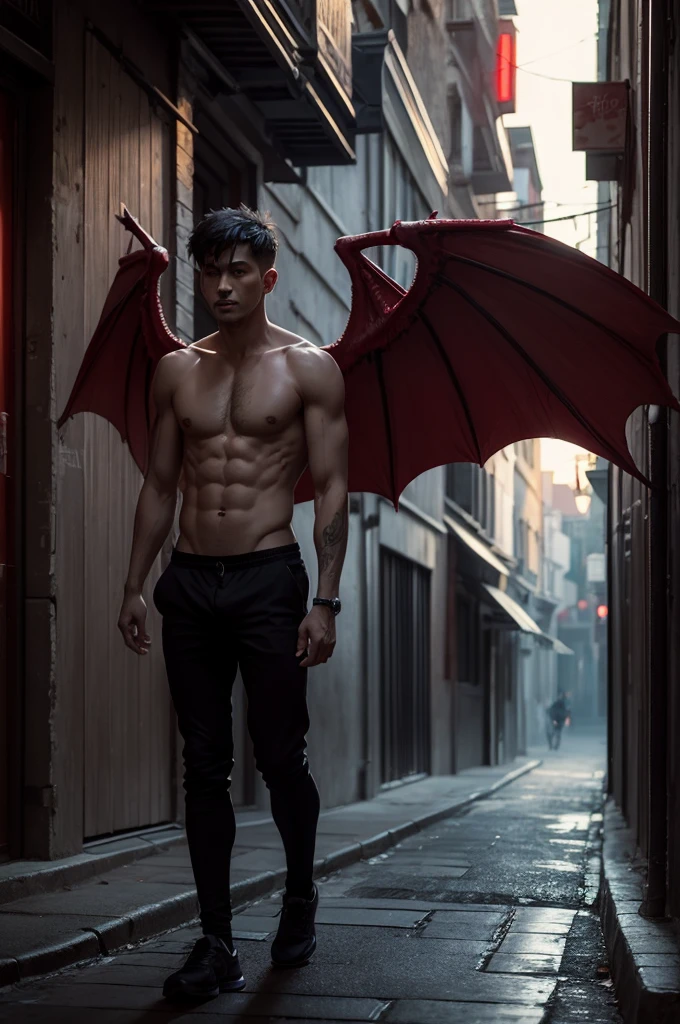 Man without a shirt, with red bat wings. IN A DARK STREET.