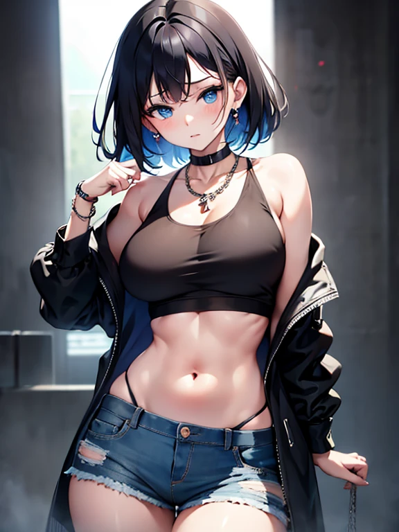 ((((masterpiece)))), high quality, very_high_resolution, large_filesize, full color, short shorts, , blue eyes, black hair, crop top, silver bracelet, Cuban link necklace, cute, adorable, beautiful, high contrast, colorful, 5 fingers, slim body, jewelry