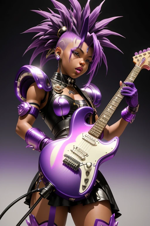  Saint Seiya，1 African American girl，purple Mohawk，Gradient，Gradient background，solo，1 girl，bow，Gloves，purple Mohawk，Fantastic girl，solo , electric guitar in hand, Rockstar, singing into a microphone.