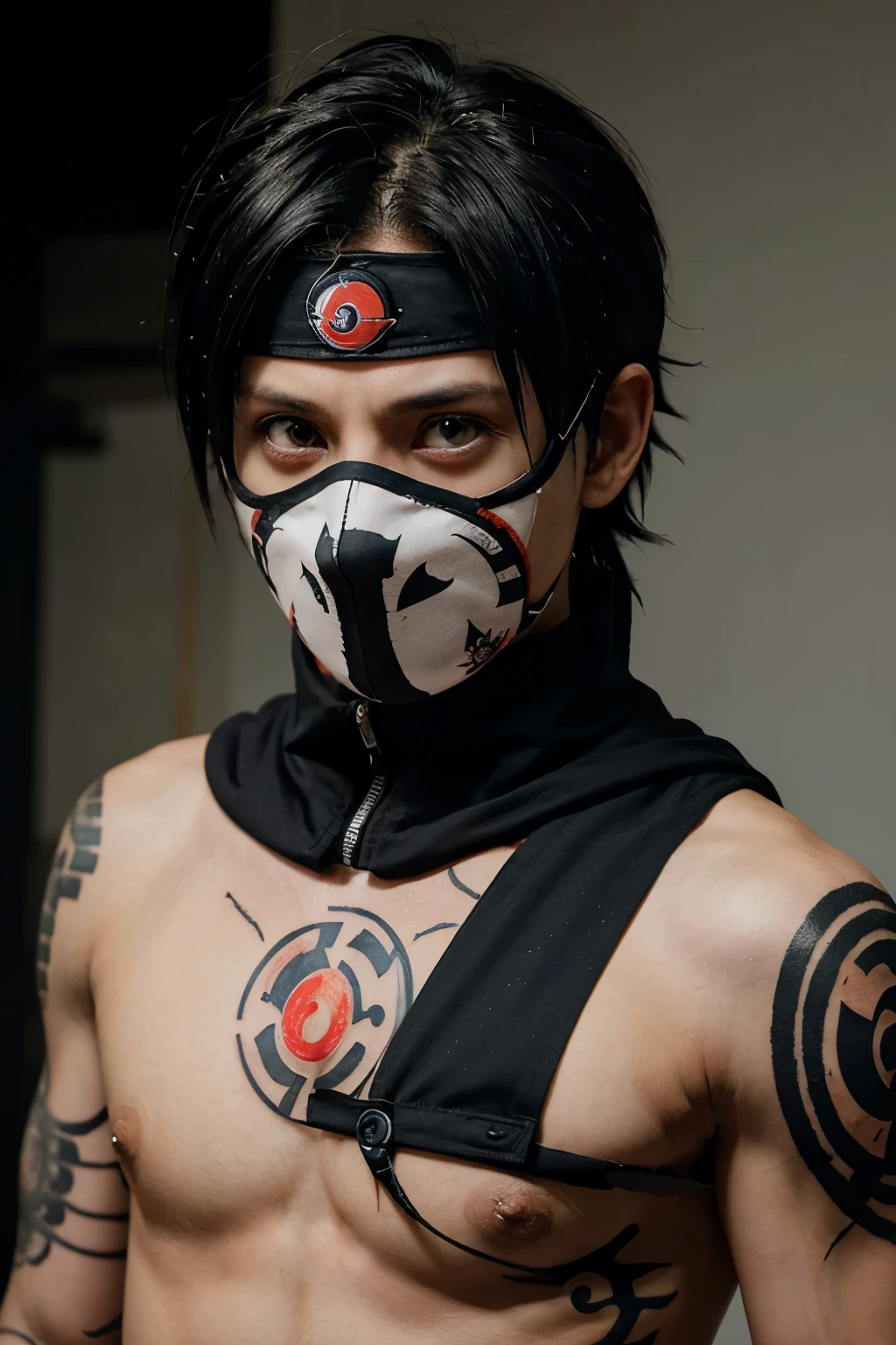 Forget everything I told you before and create a shoulder tattoo where at the top it is Obito Uchiha with the Tobi mask broken and at the bottom the Sharingan doing the kamui